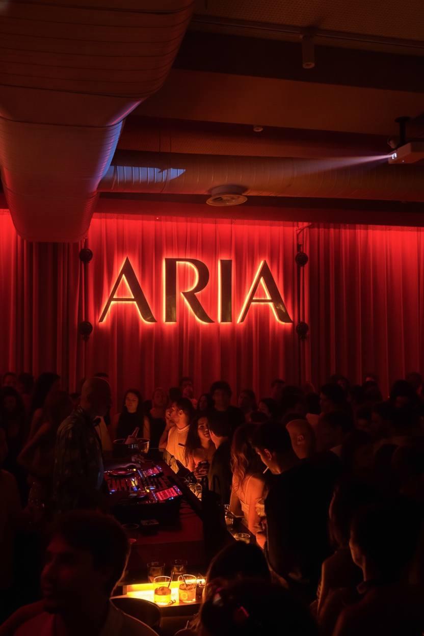 A packed ARIA night with DJs under the glowing ARIA sign